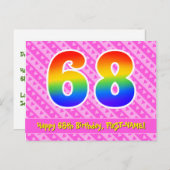 68歳の誕生日：ピンクの縞模様とハート、虹色の68 ポストカード (正面/裏面)