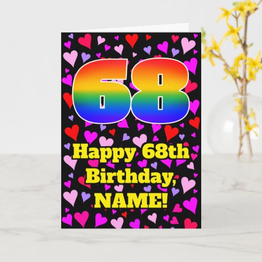 68歳の誕生日: ラブハート柄 虹色 # 68 カード (黄色い花)