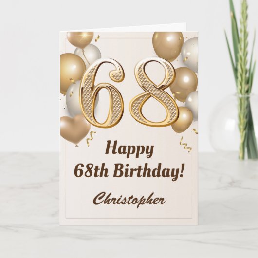 68誕生日金ゴールドバルーンと紙吹雪誕生日 カード (正面)