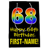 68誕生日:おもしろいはっきりした、カラフルレインボー「68」 ミディアムペーパーバッグ (正面)