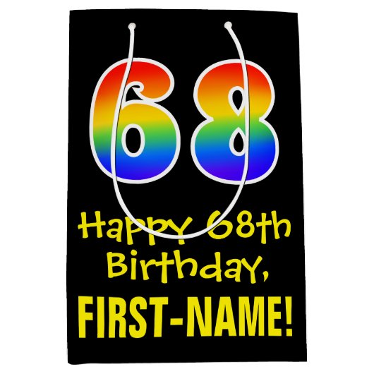 68誕生日:おもしろいはっきりした、カラフルレインボー「68」 ミディアムペーパーバッグ (正面)