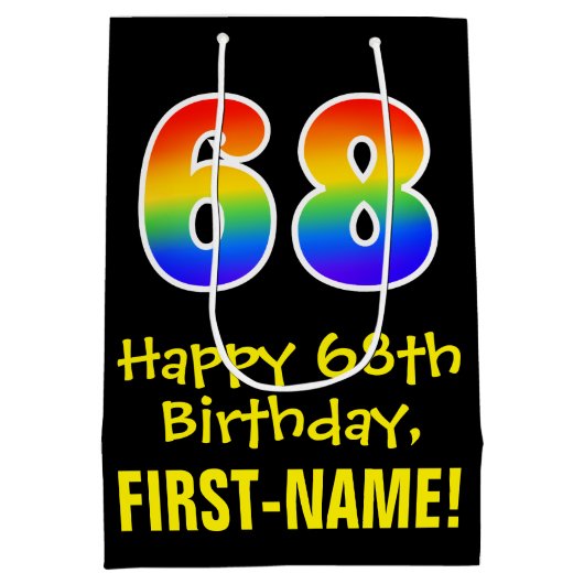 68誕生日:おもしろいはっきりした、カラフルレインボー「68」 ミディアムペーパーバッグ (裏面)