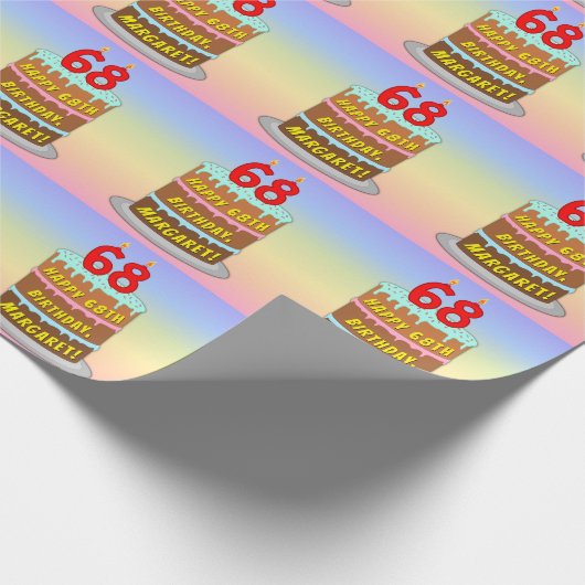 68誕生日:おもしろいケーキとキャンドル+名前をカスタムする ラッピングペーパー (角)