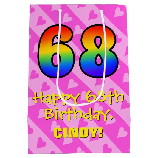 68誕生日:おもしろいピンクハートストライプ、虹68 ミディアムペーパーバッグ (裏面)