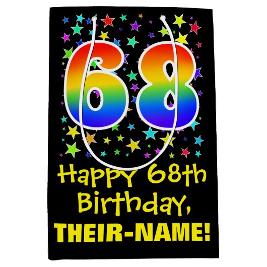 68誕生日:カラフルスターズパターン&レインボー68 ミディアムペーパーバッグ (正面)