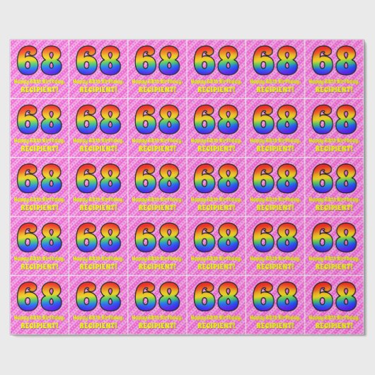 68誕生日:ピンクストライプのハート、レインボー# 68 ラッピングペーパー (フラット)