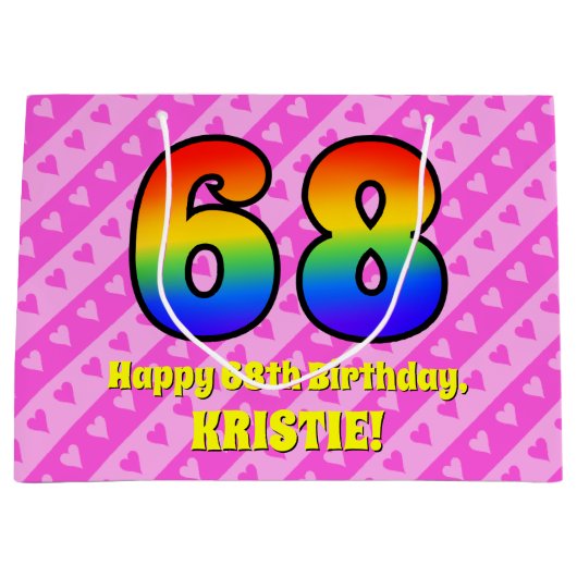 68誕生日:ピンクストライプのハート、レインボー# 68 ラージペーパーバッグ (正面)