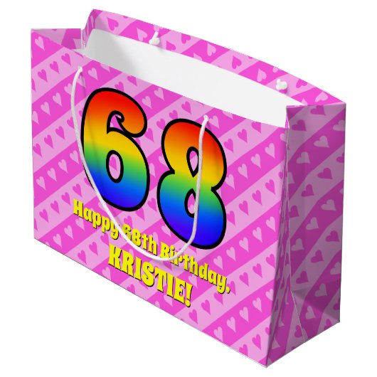 68誕生日:ピンクストライプのハート、レインボー# 68 ラージペーパーバッグ (裏面アングル)