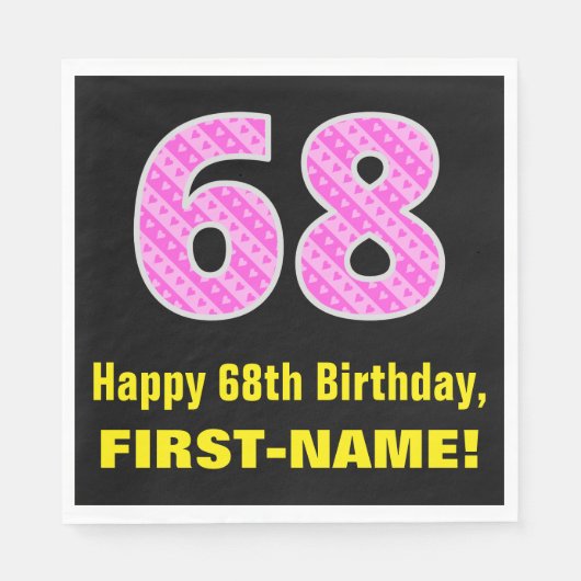 68誕生日：ピンクストライプ色のハートと"68" +名前 スタンダードランチョンナプキン (正面)