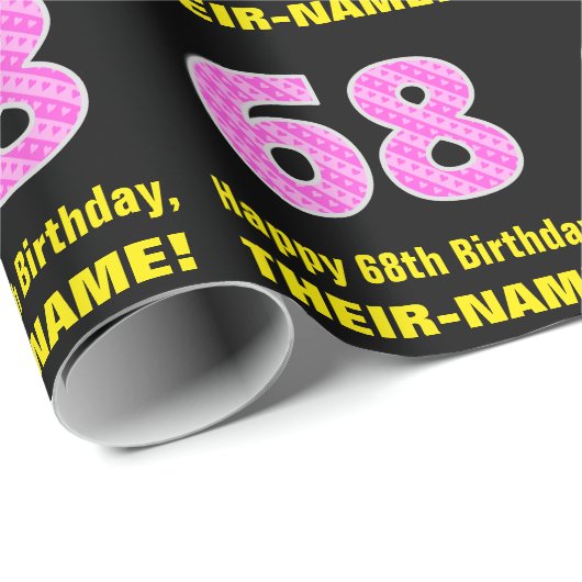 68誕生日:ピンクストライプ色のハートと"68" +名前 ラッピングペーパー (ロールコーナー)