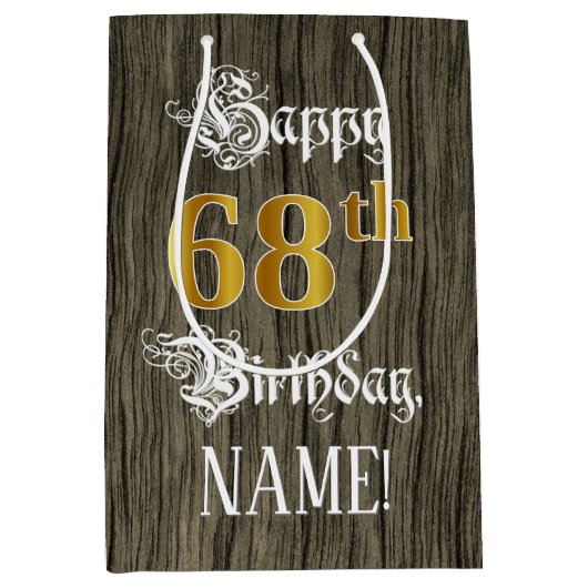 68誕生日:フェイク金ゴールドルック&ウッドフェイクパターン ミディアムペーパーバッグ (正面)