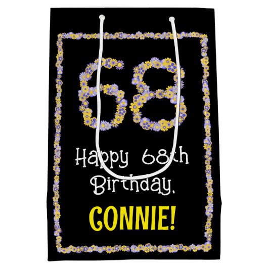 68誕生日:フローラ花数名前をカスタムする ミディアムペーパーバッグ (裏面)