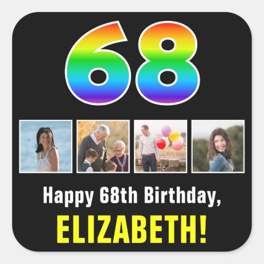 68誕生日:レインボー「68」、写真カスタムと名前 スクエアシール (正面)