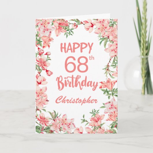 68th誕生日ピンク桃の桃色水彩フローラ カード (正面)