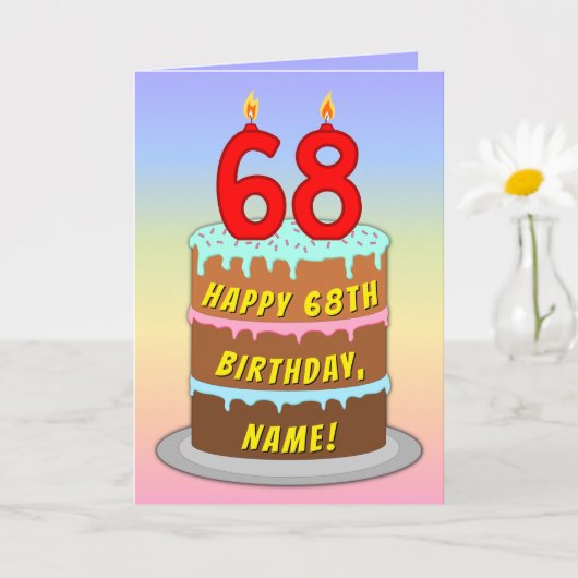 68th Birthday — Fun Cake & Candles, w/ Custom Name カード (小さな植物)