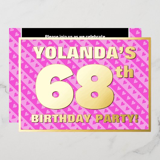 68th Birthday Party —おもしろいピンクのハートとストライプ 箔招待状 (正面/裏面)