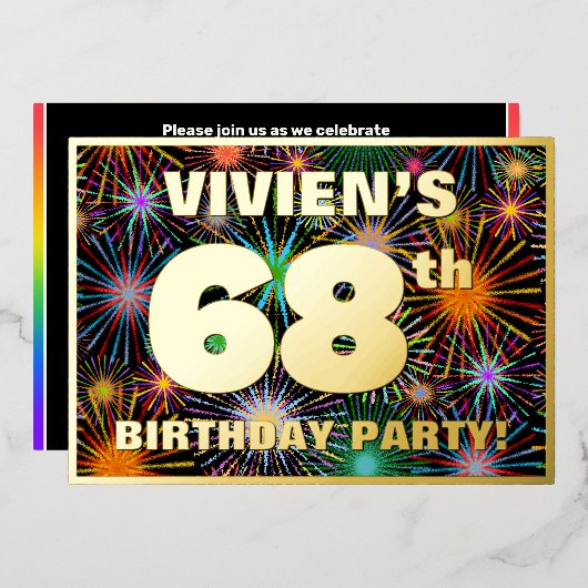68th Birthday Party —おもしろい、カラフルFireworks Look 箔招待状 (正面/裏面)