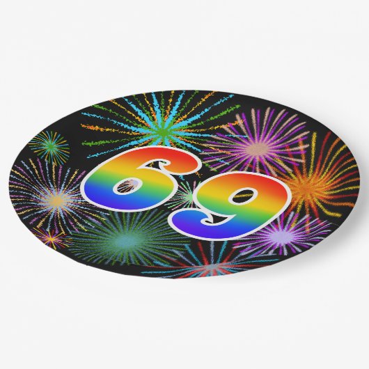 69イベント-おもしろいカラフル、はっきりした、虹69 ペーパープレート (アングル)