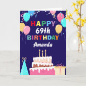 69ハッピーバースデーバルーンケーキネイビーブルー カード (黄色い花)