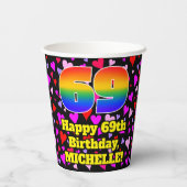 69歳の誕生日おめでとう: ラブハート柄 虹色69 紙コップ (裏面)