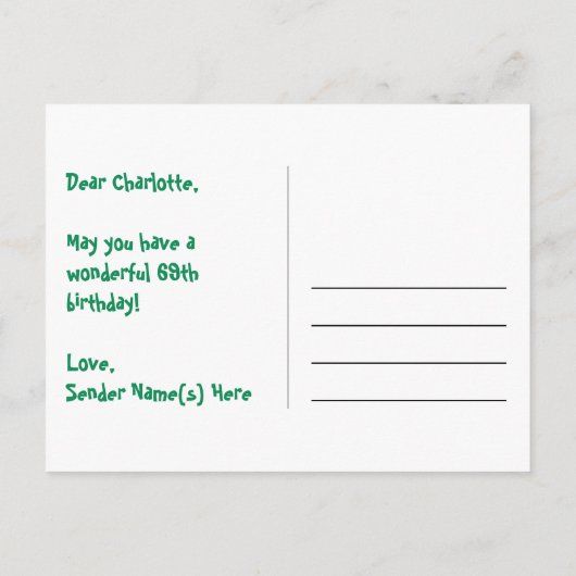 69歳の誕生日おめでとう：楽しいスター柄、虹69、名前 ポストカード (裏面)