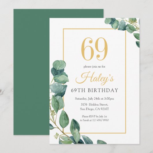 69歳の誕生日お祝いにグリーンワースのエレガンス ゴールド＆セージ 招待状 (正面/裏面)