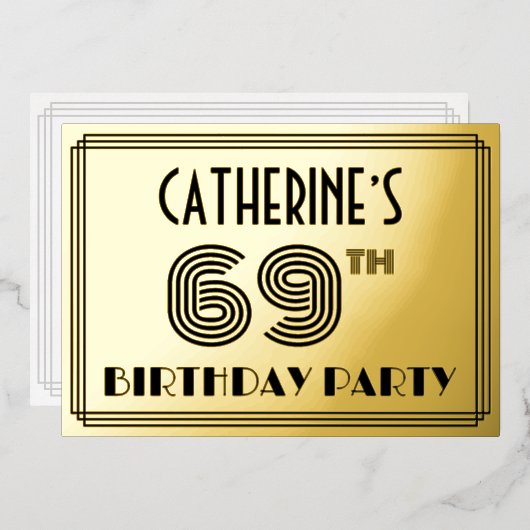 69歳の誕生日パーティー - アールデコ調「69」と名前 箔招待状 (正面/裏面)