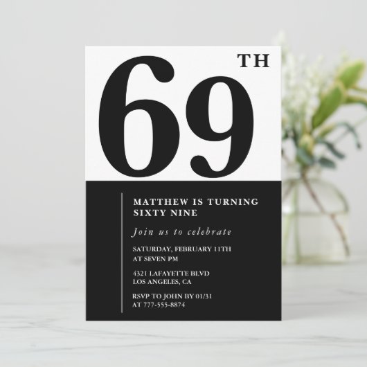 69歳の誕生日招待状白黒エレガント 招待状 (スタンド正面)