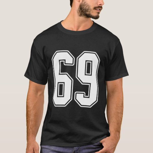 69白いアウトライン番号69スポーツファンジャージースタイル Tシャツ (正面)