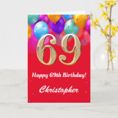 69誕生日の赤と金ゴールドカラフル風船 カード (黄色い花)