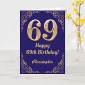 69誕生日ネイビーブルーと金ゴールドグリッターフレーム カード (黄色い花)