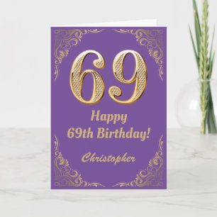 69誕生日パープルと金ゴールドグリッターフレーム カード