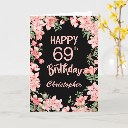69誕生日ピンク桃水色フローラブラック カード (黄色い花)