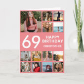 69誕生日フォトコラージュ13枚フォトピンク&ホワイト カード (正面)