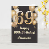 69誕生日ブラック&金ゴールドバルーン紙吹雪 カード (黄色い花)