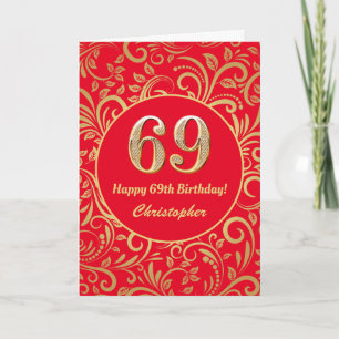 69誕生日赤と金ゴールド花の模様 カード