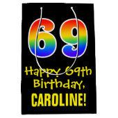 69誕生日:おもしろいはっきりした、カラフルレインボー「69」 ミディアムペーパーバッグ (正面)