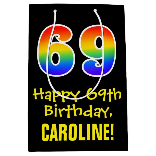 69誕生日:おもしろいはっきりした、カラフルレインボー「69」 ミディアムペーパーバッグ (正面)