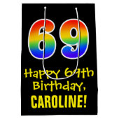 69誕生日:おもしろいはっきりした、カラフルレインボー「69」 ミディアムペーパーバッグ (裏面)