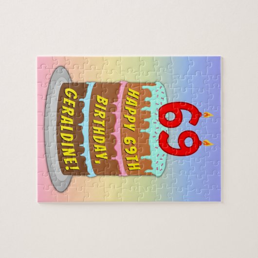 69誕生日:おもしろいケーキとキャンドル+名前をカスタムする ジグソーパズル (横)