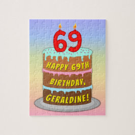 69誕生日:おもしろいケーキとキャンドル+名前をカスタムする ジグソーパズル