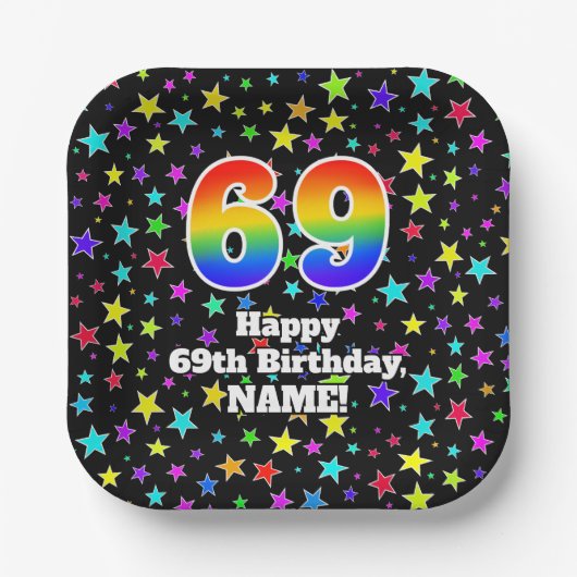 69誕生日:おもしろいスター柄と虹"69" ペーパープレート (正面)