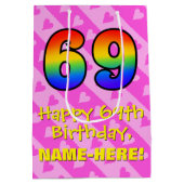 69誕生日:おもしろいピンクハートストライプ、虹69 ミディアムペーパーバッグ (裏面)