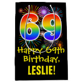 69誕生日:おもしろい花火パターン+虹69 ミディアムペーパーバッグ (正面)