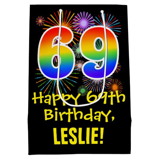 69誕生日:おもしろい花火パターン+虹69 ミディアムペーパーバッグ (裏面)