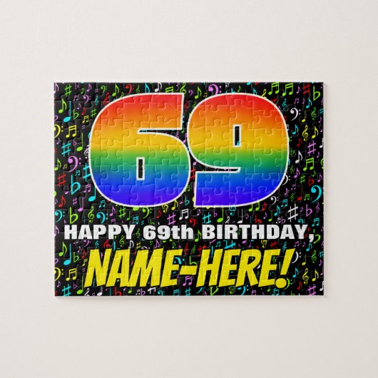 69誕生日:おもしろい、カラフル音楽シンボル、「69」 ジグソーパズル (横)