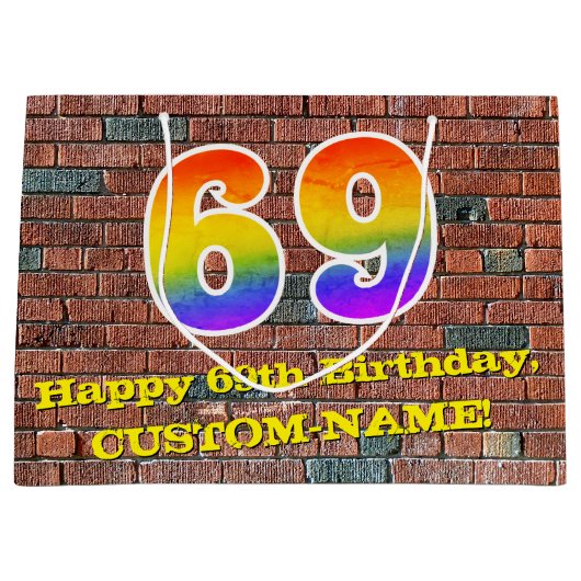 69誕生日:おもしろい、グラフィティインスパイアレインボーー# 69 ラージペーパーバッグ (正面)