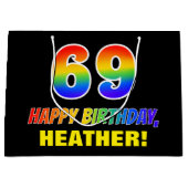 69誕生日:はっきりした,おもしろい,シンプル虹, 69 ラージペーパーバッグ (正面)