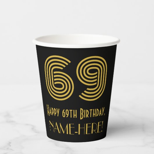 69誕生日:インスパイアアールデコ「69」と名前 紙コップ (正面)