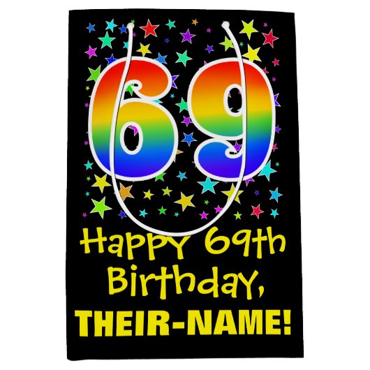 69誕生日:カラフルスターズパターン&レインボー69 ミディアムペーパーバッグ (正面)